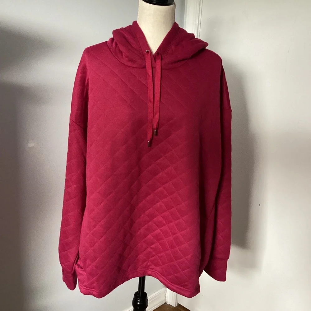 JONES NEW YORK SPORT WOMAN 2X FLEECE HOODIE SWEATSHIRT QUILTED RASPBERRY - Picture 1 of 5